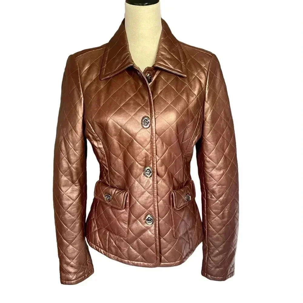 Vakko Lamb Leather Quilted Coat Bronze Brown Jacket Women Size M